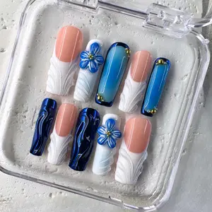 NailPhoria AQUA BLOOM - Handmade Press-On Nails | Reusable, Salon-Quality, Long-Lasting, Glossy Design