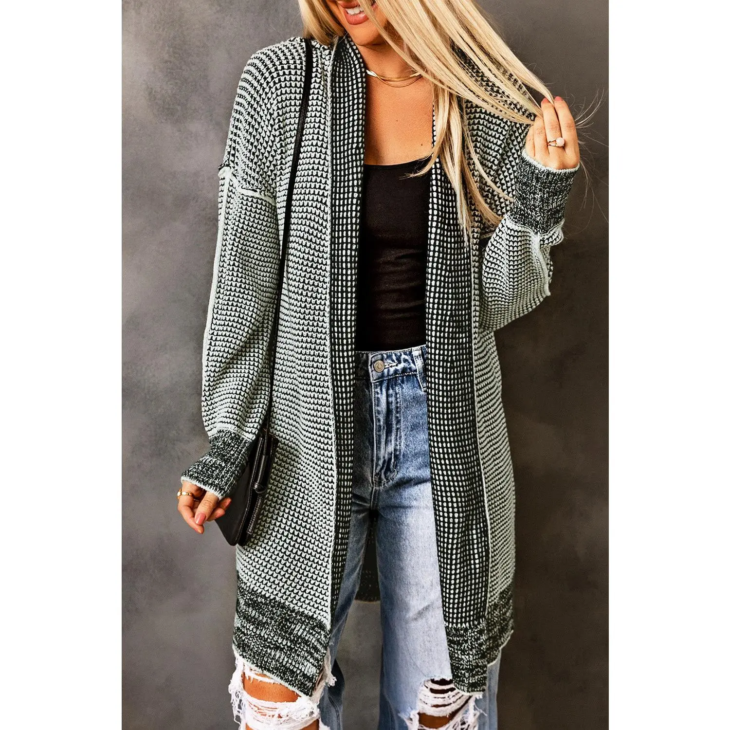 Gray Plaid Knitted Long Open Front Cardigan