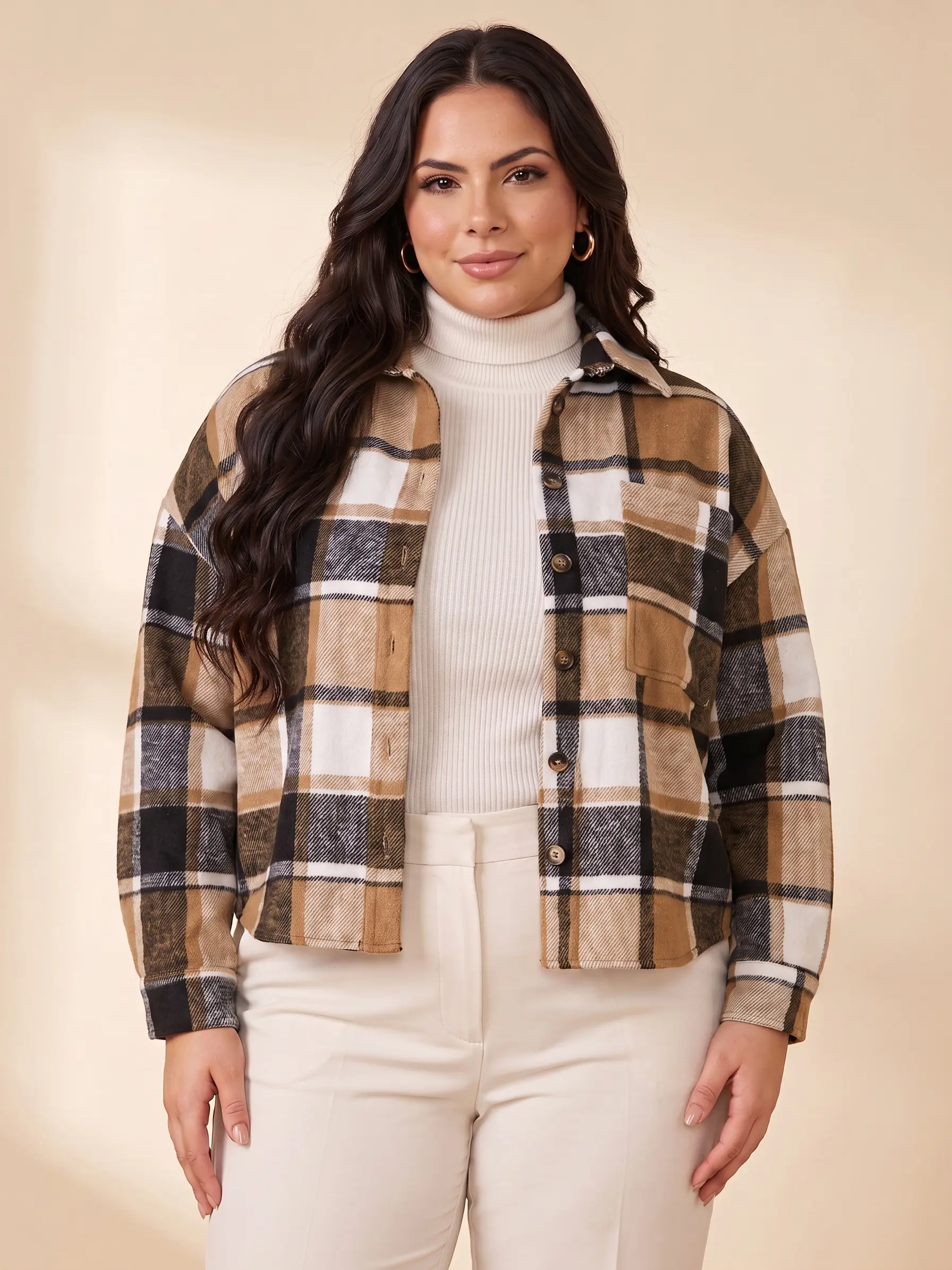 IN'VOLAND Womenswear Basic Women's Plus Size Plaid Shacket Jacket, Long-Sleeve Button-Down Shirt Jacket with Pocket, Casual Loose-Fit Fall Winter Outerwear