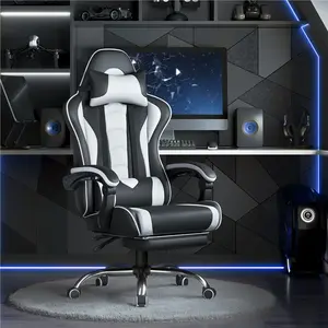 【Valentine Gift】Yaheetech Ergonomic Gaming Chair with Massage Lumbar Support and Footrest, Swivel Rolling Chair and Headrest,Pu leather Desk Chair Reclining tall gaming