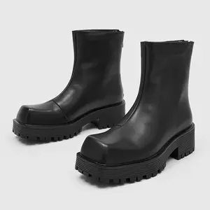 Square toe thick soled men's high top derby shoes, black thick soled height increasing Chelsea boots, mid top men's boots