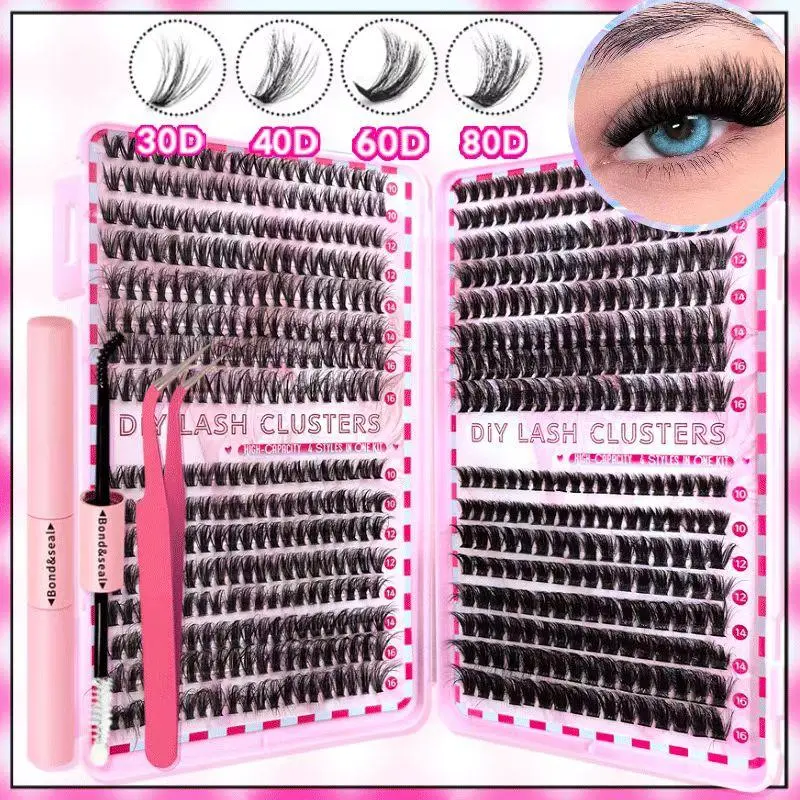 640PCS Lash Clusters With Spikes Wispy Eyelash Clusters Kit 10-16mm Spikes Lash ClustersVolume Cluster Eyelash Extensions Lash Clusters Kit Individual Lashes With Lash Bond And Seal (30D 40D 60D 80D,10-16mm)