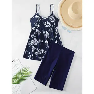 Floral Print Skirted Tankini Sets, Round Neck Tummy Control Tank Top & High Waist Boxer Shorts Bottom Two Pieces Swimsuit, Women's Swimwear & Clothing