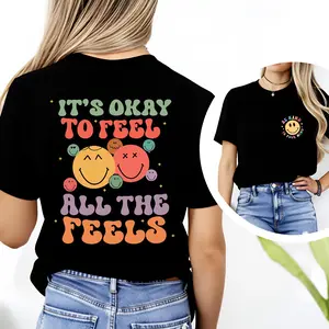 100 Percent Cotton Casual Style T-Shirt Its Okay To Feel All The Feels Smiley Faces Design For Everyday Wear Summer And Spring Outfits Perfect Gift For Friends And Family Who Love Positive Vibes