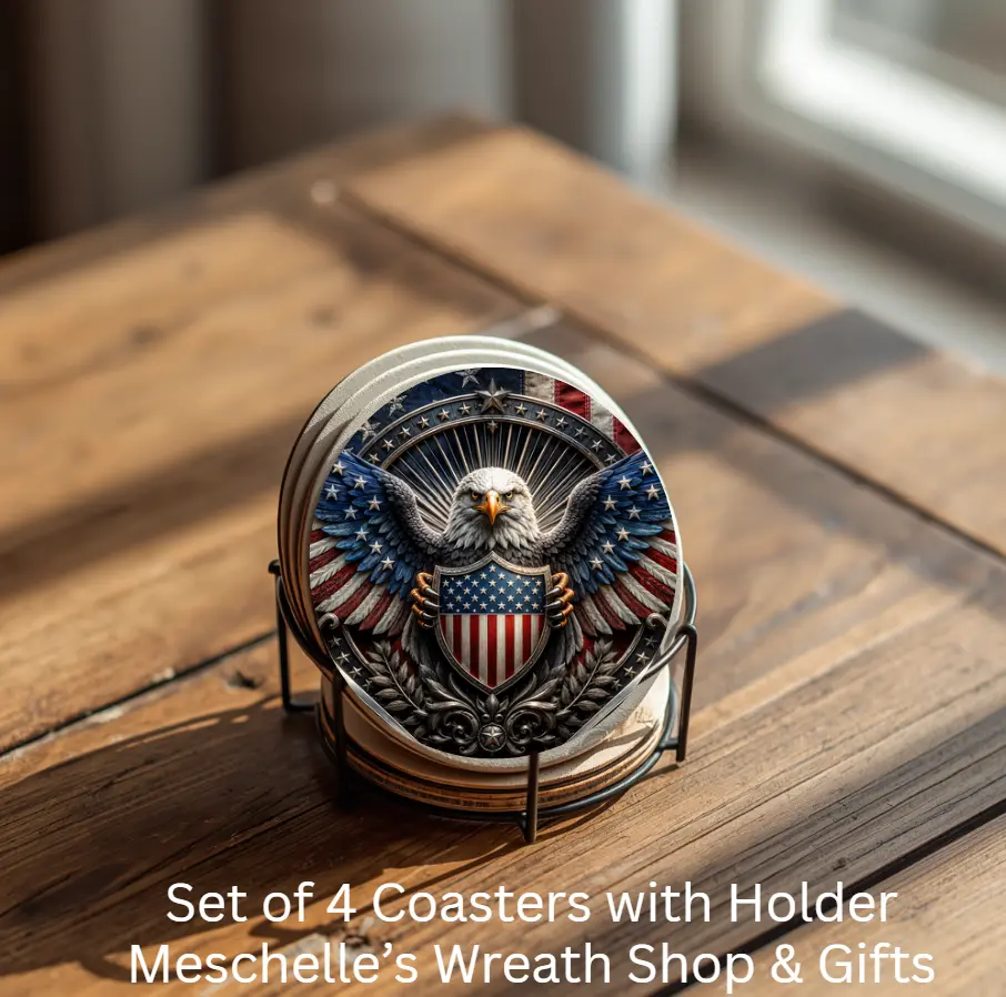 4-Piece Stylish Round Ceramic American Bald Eagle Tableware Coasters with Metal Holder, Ideal for Coffee Cups