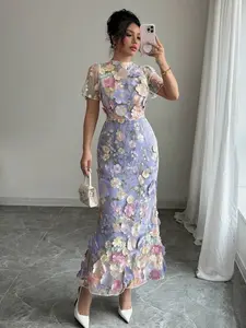 ✨ Elenzga Women Short Sleeve Fitted Dress With 3D Embroidery, Elegant And Feminine Look.