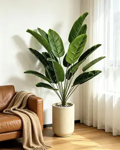 [24 Leaves] EverGlow Faux Banana Leaf Tree Luxury Large Fake Bird of Paradise Plant Housewarming Gift Aesthetic Dense Artificial Palm  Tree Real Touch Silk Plants Fade Resistant Heavy Base for Modern Living Room Office Hotel Indoor Outdoor Decor