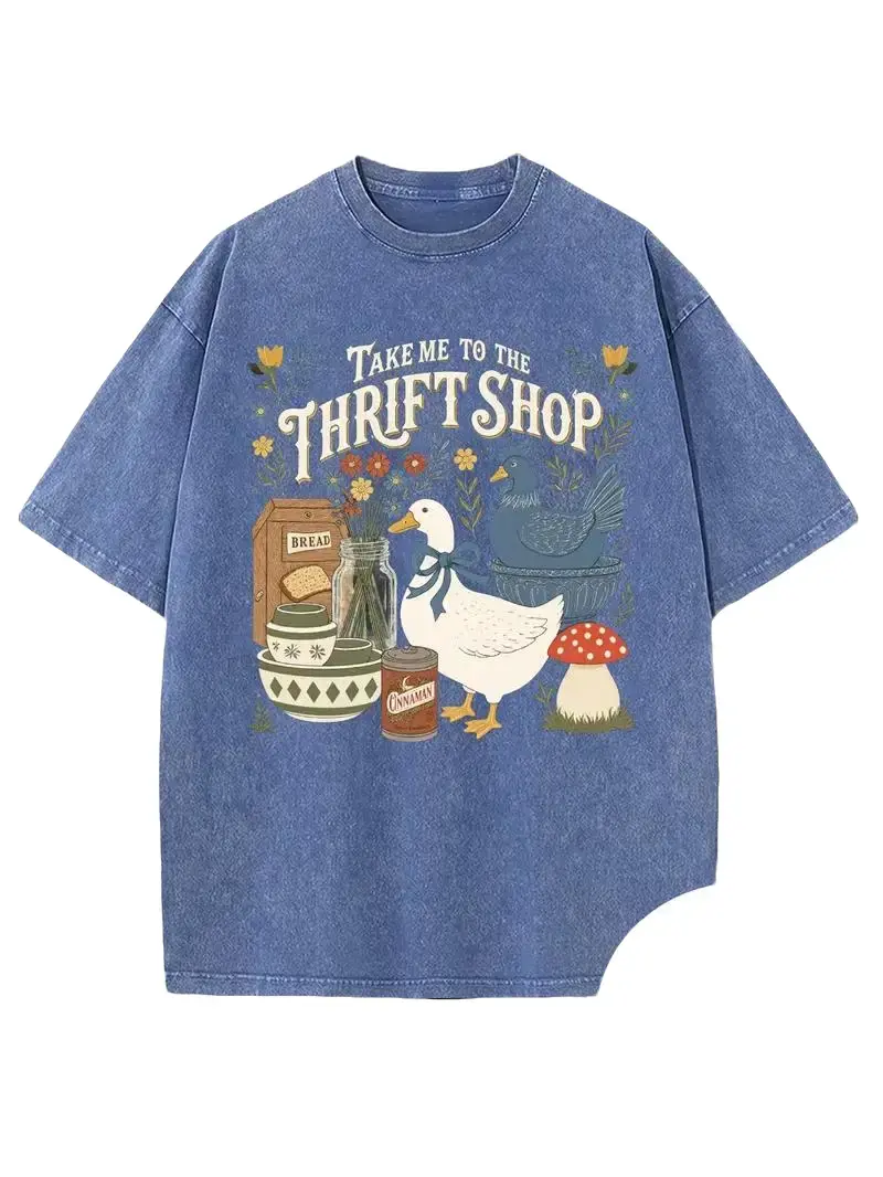 Vintage Washed Blue Cotton Graphic Tee - "Take Me To The Thrift Shop" Cottagecore T-Shirt with Cute Goose, Mushroom & Floral Print - Y2K Retro Oversized Unisex Top - Perfect Casual Streetwear Essential