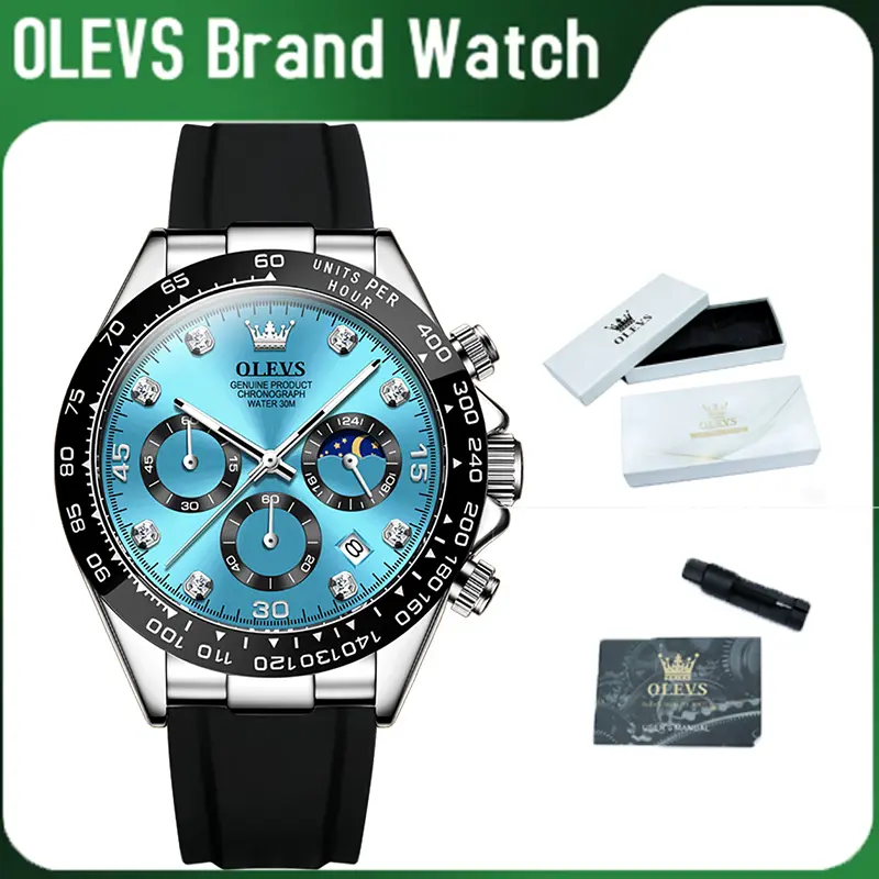 OLEVS Men's Luxury Chronograph Casual Watch - 24-Month Warranty, 30M Modern Waterproof Durable Quartz Watch with Silicone Strap, Diamond Accents, Moon Phase, Multifunction Reloj Para Hombre, Modern Waterproof Watch