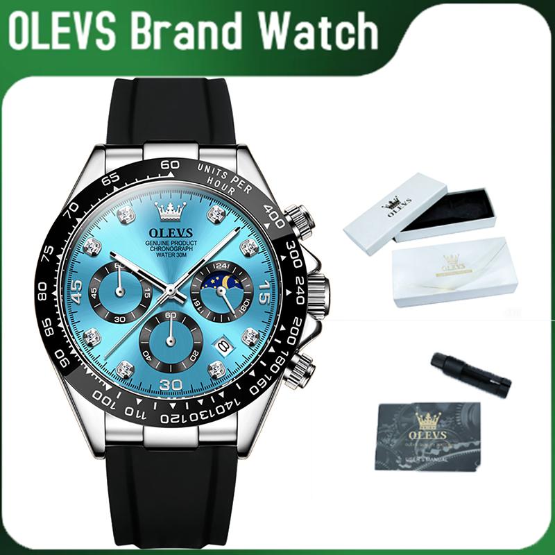 OLEVS Men's Luxury Analog Chronograph Business Watch - 40 mm Durable Alloy Quartz Modern Waterproof Watch, 30M Waterproof, Diamond Accents, Moon Phase, Date, Silicone Strap, 24 Months Warranty