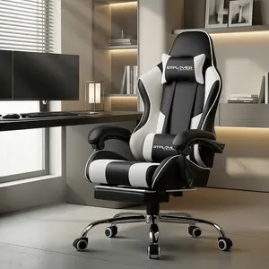 GTPLAYER Gaming Chair, Computer Chair with Footrest and Lumbar Support, Height Adjustable Game Chair with 360°-Swivel Seat and Headrest and for Office or Gaming (Pearl White)