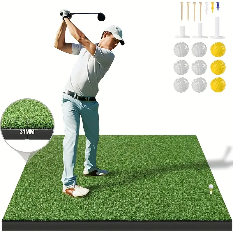 Golf Hitting Mat - 5x4ft Golf Mats Practice Outdoor/Indoor Training Aids for Backyard Driving Swing Chipping, Thickened Artificial Turf Mat with 9 Balls, 10 Tees - Training Equipment for Golfers