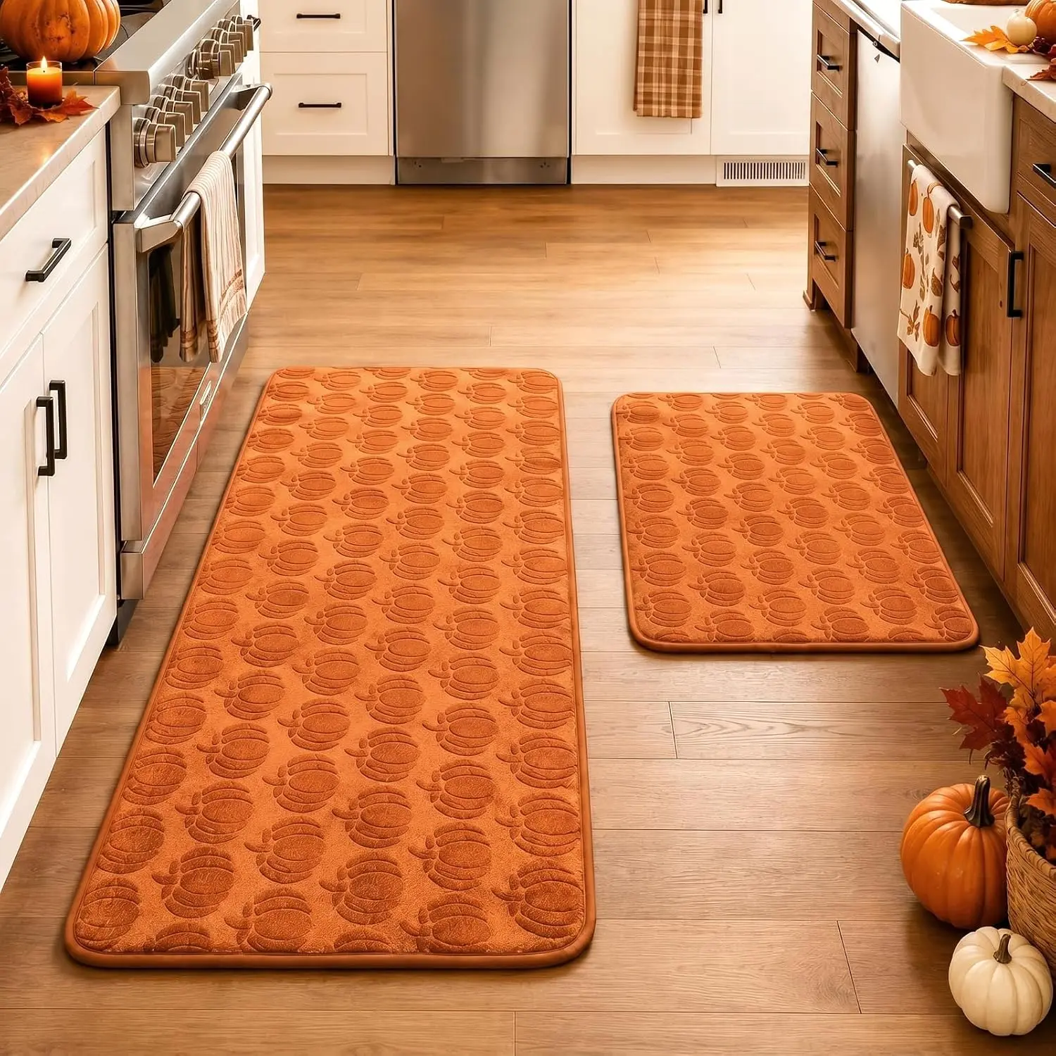 Fall Pumpkin Kitchen Rugs Set of 2 Kitchen Floor Mat for Home Decor Non Slip Floor Mats for Kitchen Sink Laundry Room, Thanksgiving Autumn Home Seasonal Decor, 24" x 16" & 47" x 18"