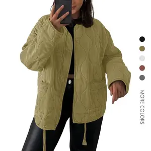 Women's Collarless Lightweight Quilted Casual Oversized Down Jacket with Zipper Drawstring