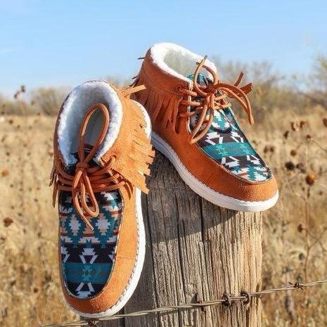 Western Mesquite Moccasins - Aztec Print Comfortable Lining Casual Shoes for Women Sizes 7-12