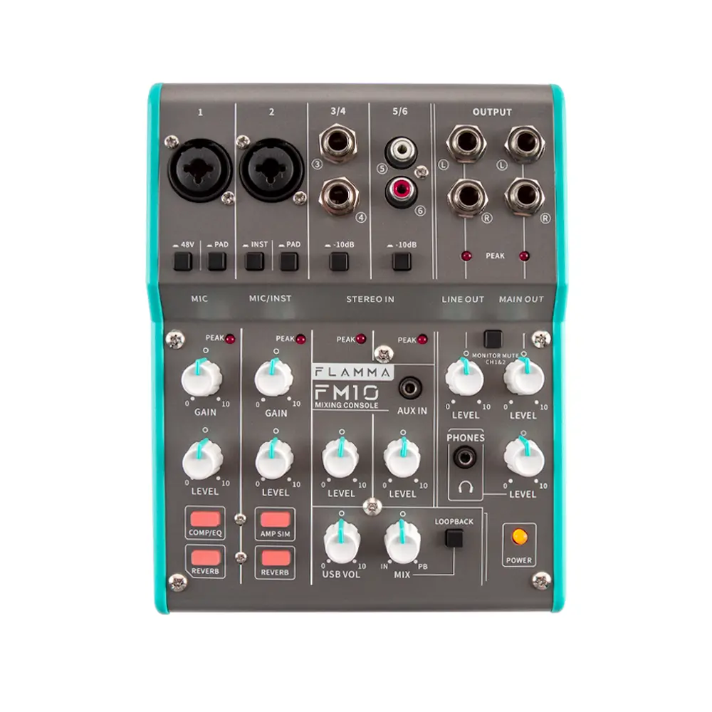FLAMMA FM10 Compact Digital Audio Mixer - 6 Channel Audio Mixing Console with USB Interface, 48V Phantom Power, Stereo Port for PC Recording, Live Streaming, Loopback Mode, Manufacturer Warrenty