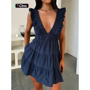 Women’s plain fitted breathable dress with a deep V-neck and ruffles; casual summer dress; comfortable, chic womenswear for everyday wear