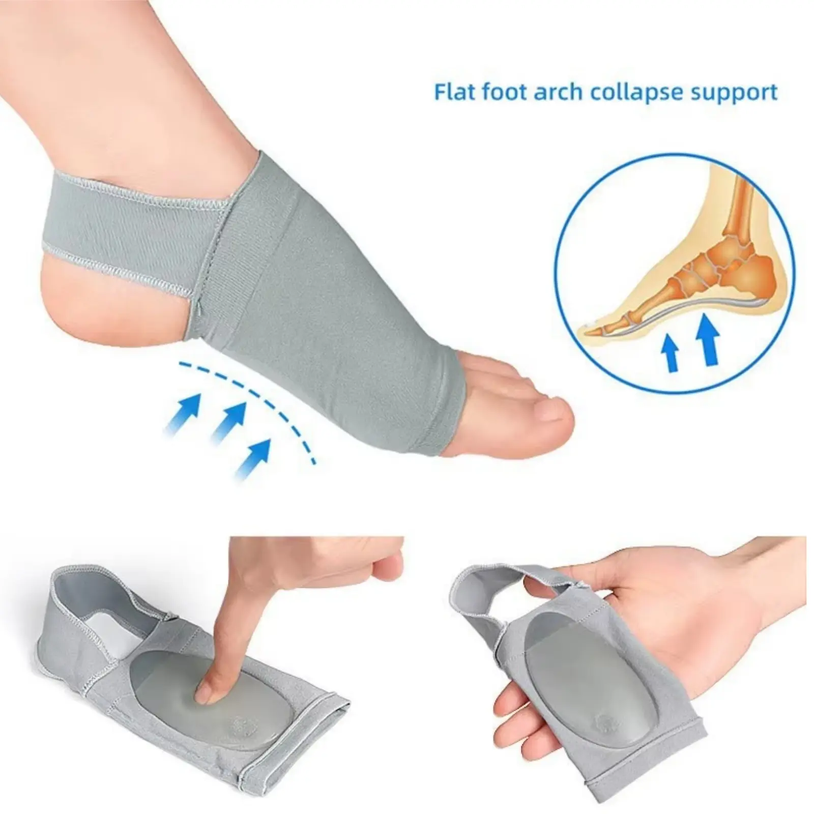 1 Pair Silicone arch support pads with Non-Slip Sleeves, Strap & Inner Gel Pad for Men & Women, Collapsed Arch, Flat Ft & Plantar Fasciitis Pain Relief
