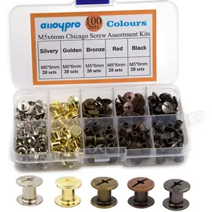 100 Sets Chicago Screws Assorted Kit 5 Color Leather Rivets Screw Rivets Flat Fillister Book Binding Posts Nail Rivet Chicago Bolts for DIY Leather Craft Black Silver Golden Bronze (5×6mm)