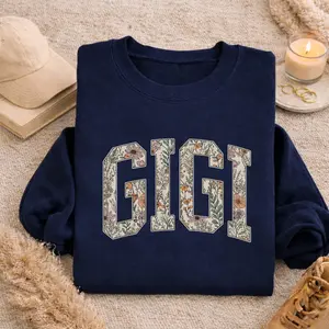 Gigi Floral Varsity Shirt, Vintage Collegiate Block Letter Graphic Tee, Botanical Pattern Typography T-Shirt Design Trendy Gift