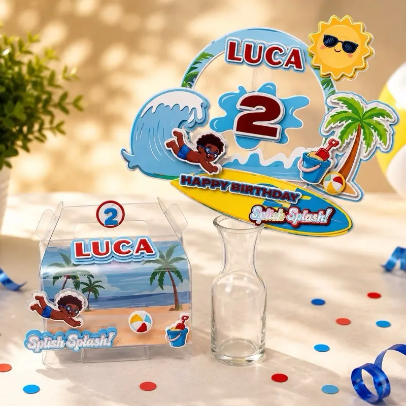Splish Splash Into Two Pool Birthday Party Bundle - Personalized  Cake Topper, Reusable Favor Box | Set of 6-24
