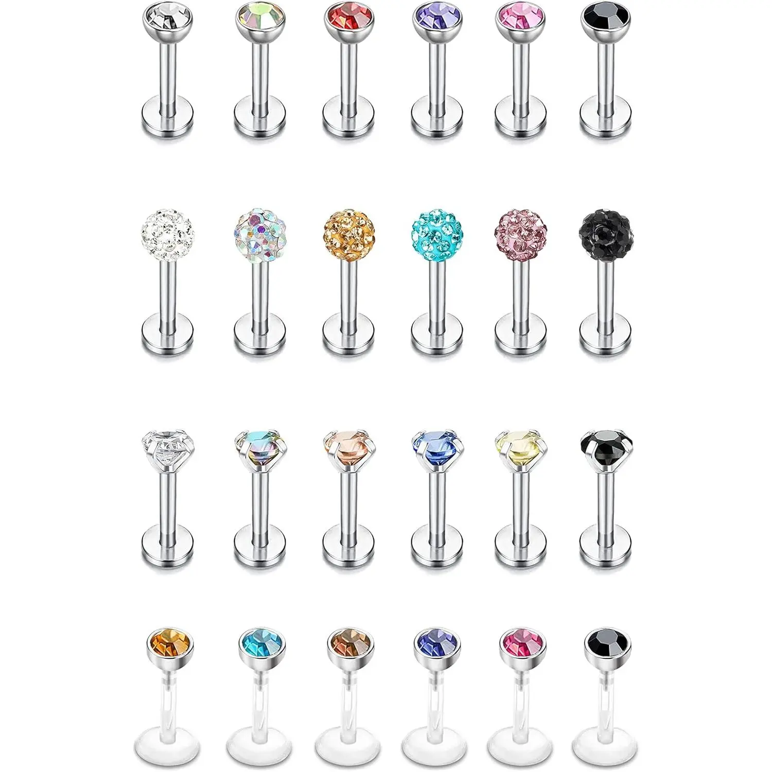 24 count 16G  Stainless Steel Labret Lip Monroe Medusa Stud Piercing For Women Men 3mm Cubic Zirconia Forward Helix Earrings Cartilage Tragus Piercing 6mm 8mm