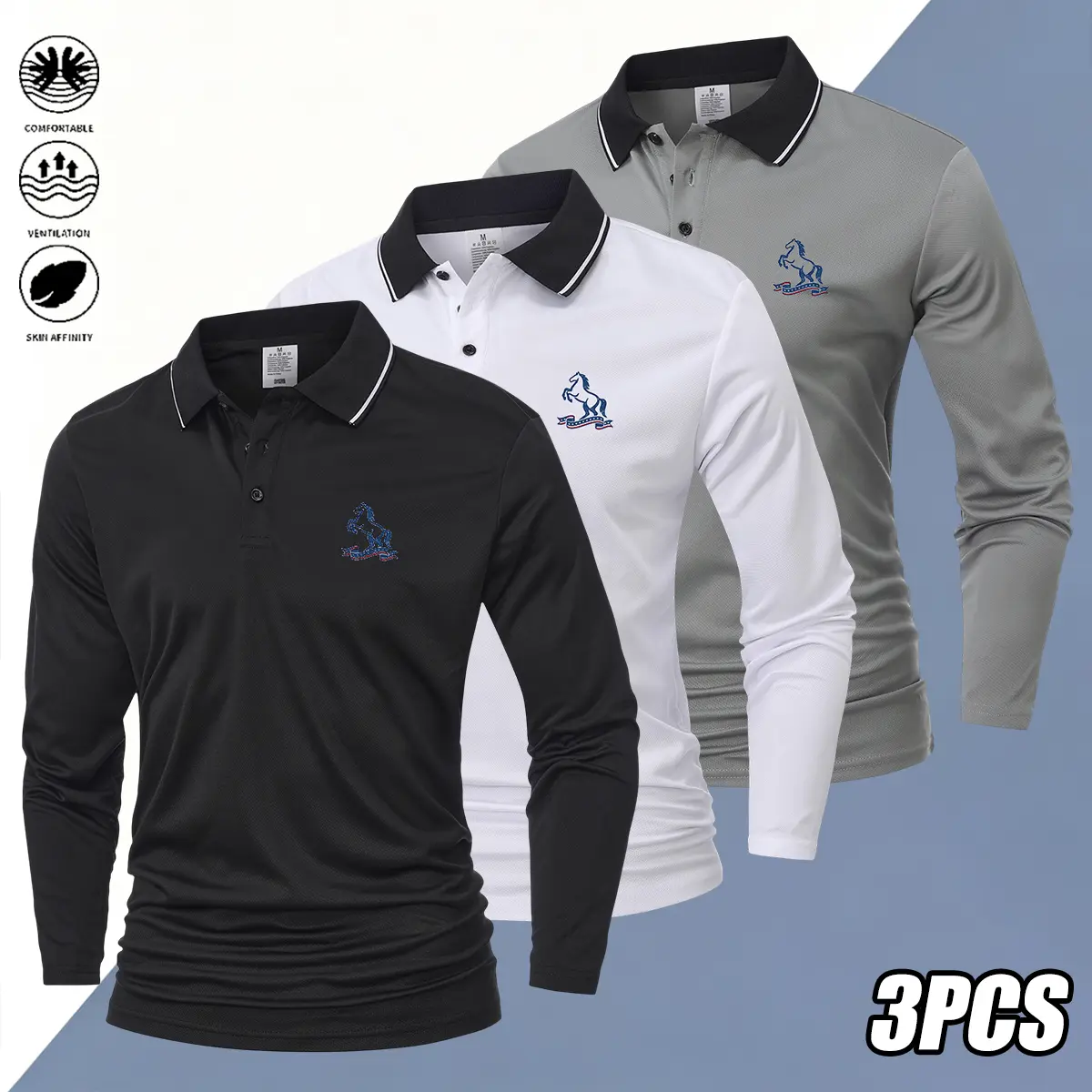 JOGWACE 3PCS Men’s Long-Sleeve Polo Shirts with a collar design, made from soft solid-color fabric; suitable for vacations and business occasions, ideal for outdoor leisure and professional settings. They are breathable and perfect for playing golf—an ess