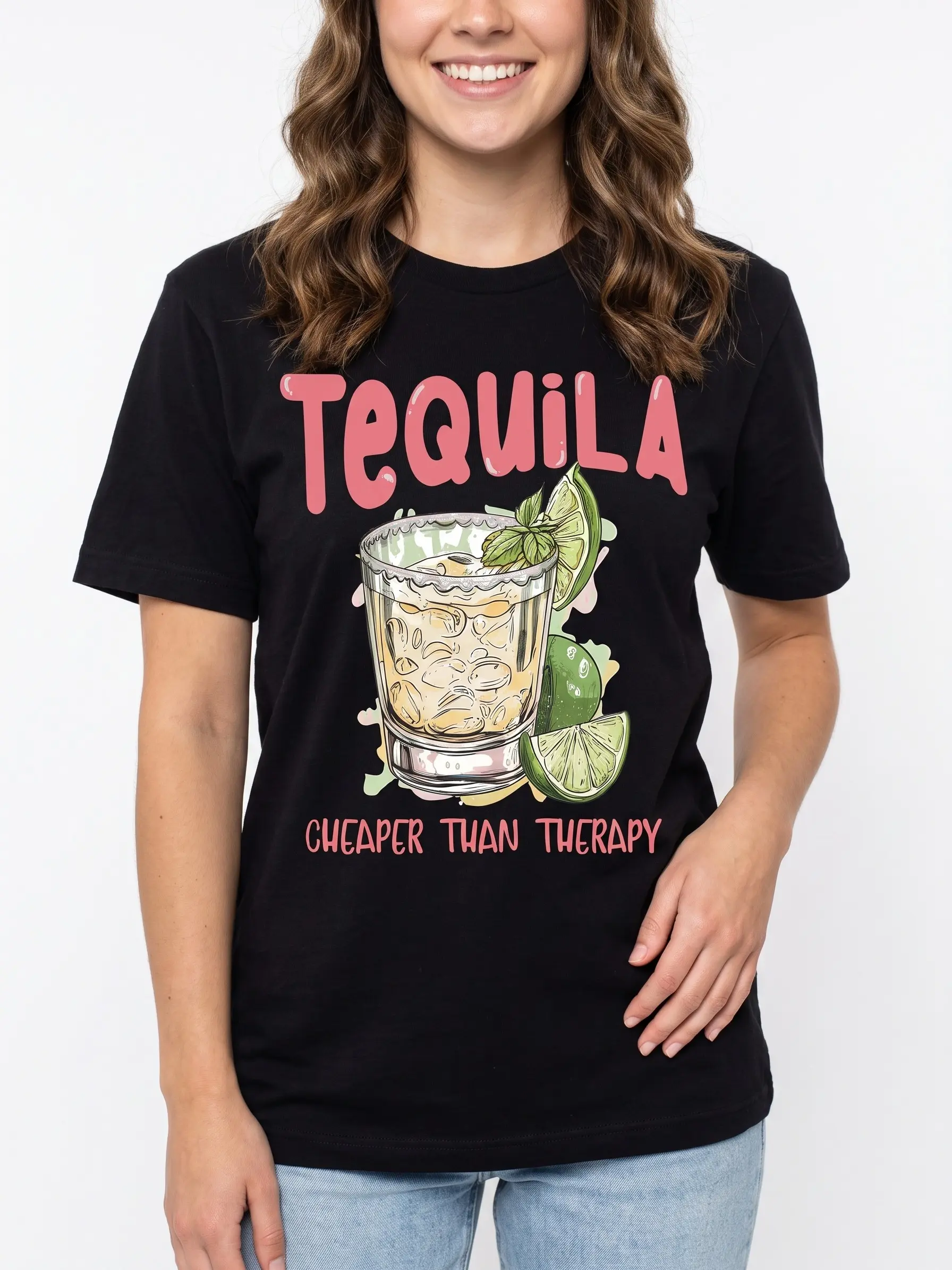 Women's Casual Crew Neck Cotton Knit Short-Sleeve T-Shirt - Regular Length, Tequila Graphic Print, "Tequila Cheaper Than Therapy" Slogan, Relaxed Fit, Summer Wear Womenswear, Shortsleeve, Tshirt, Soft, Breathable, Fabric, Round Neck