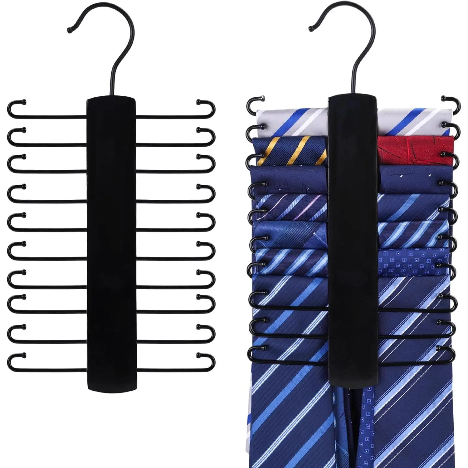 Wooden Tie Rack, Tie Hanger for Men Closet 20 Hooks 360 Degree Rotating Tie Organizer Hanging Space Saving Holder for Belt Scarf Tie Black