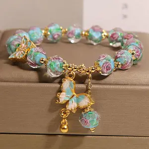 Turquoise and Pink Golden Marble Butterfly Bracelet - Bohemian Glazed Costume Jewelry with Golden Butterfly Pendant, Marble Beads, Durable Daily Wear, Suitable for Parties, Gifts, Yes for Special Occasions
