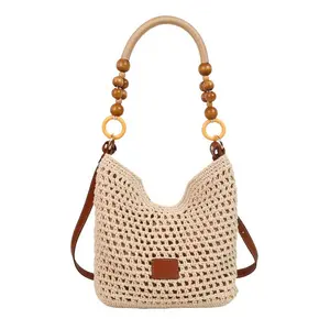 BIGWIG Women's Plain Straw/Bamboo Bohemian Woven Tote Bag - Hollow Knit, Large Capacity Underarm/Crossbody Beach Bag for Summer Vacation, Daily Use
