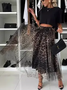 Ladies' mesh leopard print skirt, A-line high waist and large swing skirt, elastic waistband design - lightweight mesh, high and slim yarn skirt, commuting in spring, summer and autumn, date dressing/party/Evening/Elegant Chic spicy girl skirt/vacation