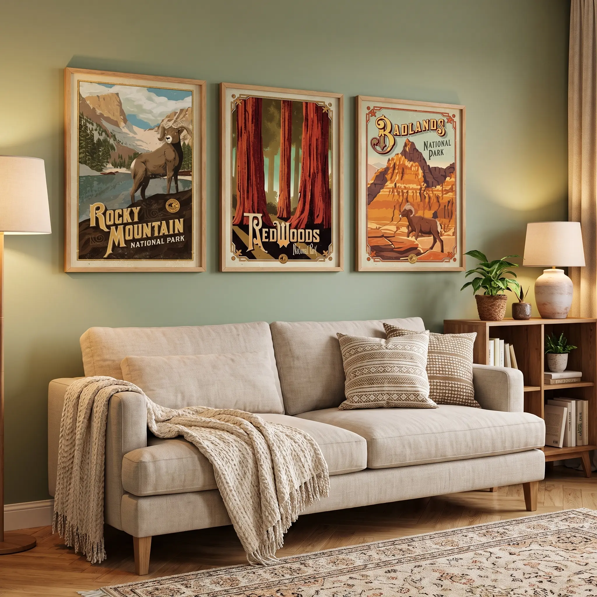 Set of 3 National Park Glossy Posters, Rocky Mountain, Redwoods, Badlands Wall Art, Vintage Travel Prints, Nature Landscape Home Decor Gift