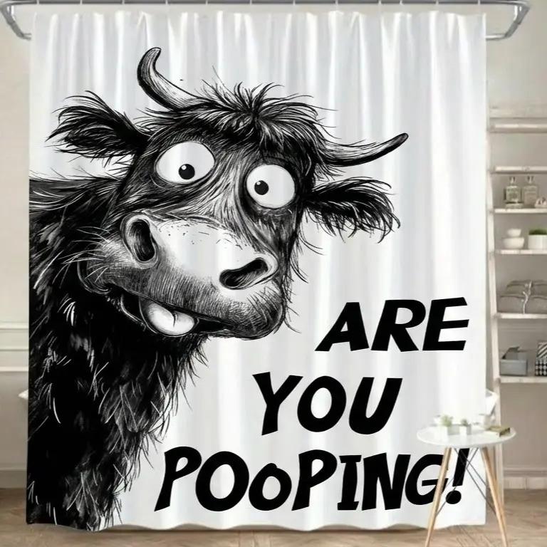 Funny Highland Cow Shower Curtain "Are You Pooping?" Hilarious 70x70" Bathroom Decor Gag Gift for Enthusiasts