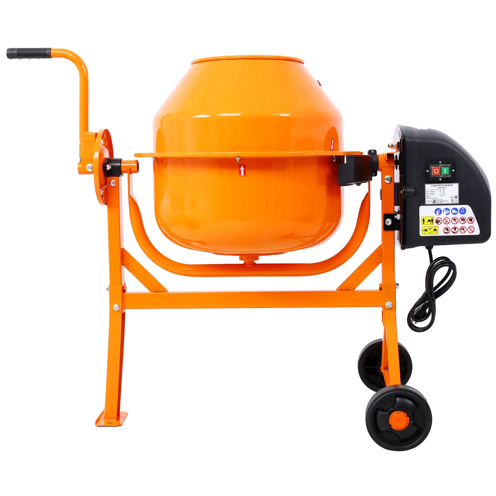 3 Cu Ft Electric Portable Cement Mixer - 110V Motor, 120V/60Hz, Steel Frame, Adjustable Tilt Angle, Cast-Iron Drum, Corrosion-Resistant, Safety Lock, Shockproof Wheels, for Mortar & Stucco