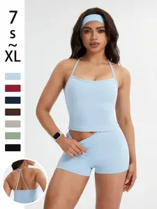 Women's Yoga Set, Plain Color Braided Tank Top & Cross-Back Short Shirt, Sleeveless Above Knee Shorts, Ideal for Running & Fitness