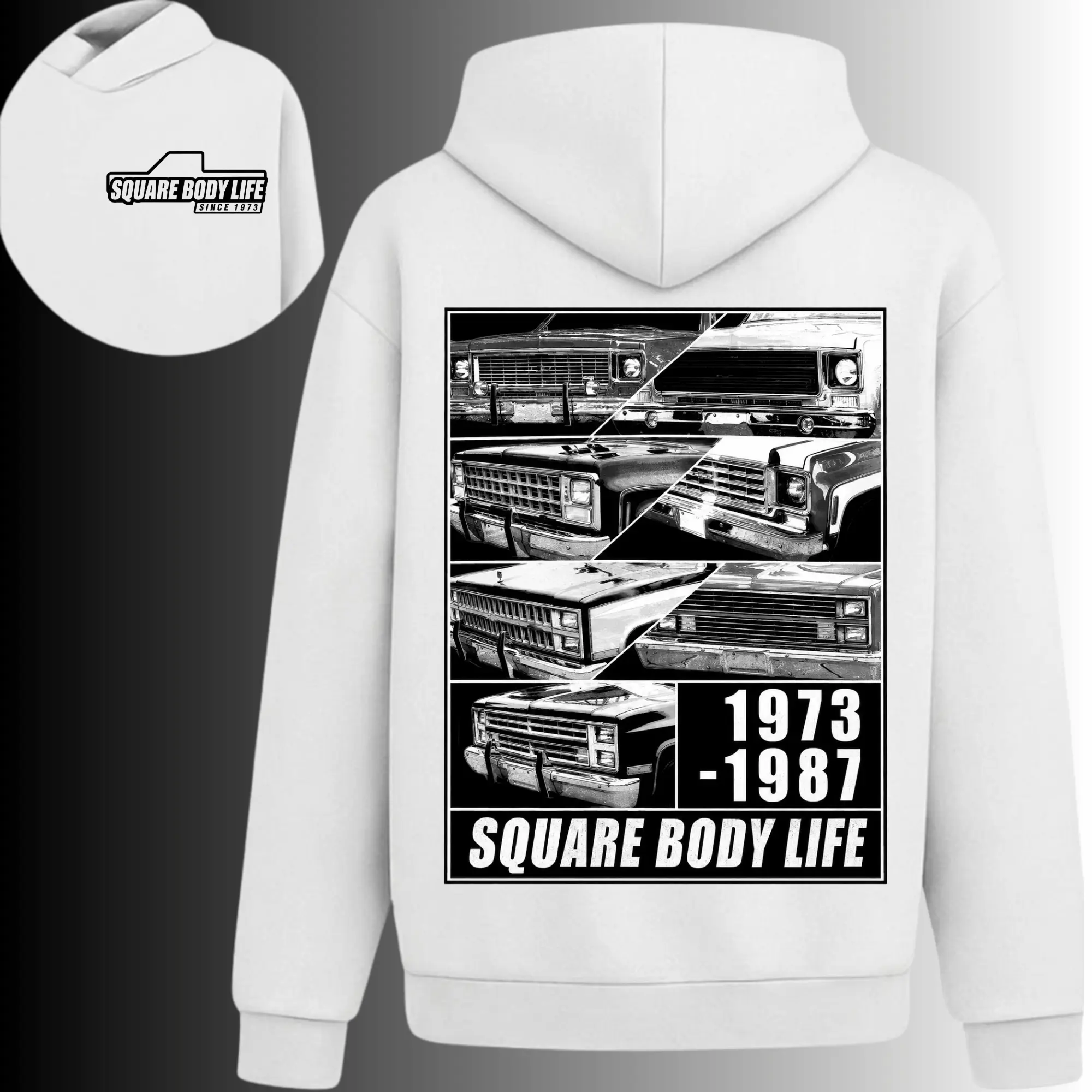 Square Body Life 1973-1987 Truck Hoodie, 2 Sides, Vintage C10 K10 Pickup Graphic Jumper