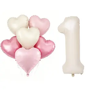 Cream white number balloon No. 1 balloon with 45.72cm pink heart shaped balloon is suitable for decoration of one year old birthday party, wedding baby welcome party, bride gift giving party and anniversary party (7 pieces in total)