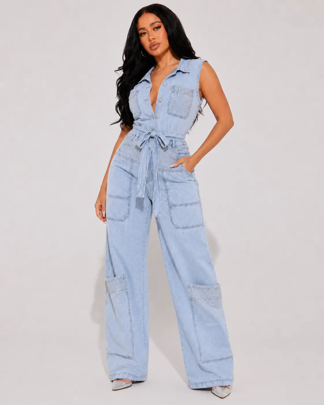 Women's 2-Piece Denim Vest & Pants Set, Streetwear Outfit with Rhinestones, Adjustable Waist & Below-the-Ankle Wide Leg Jeans, 2-Pieces, Fashion, Outfits, Loose-Fitting, Stylish Separately, Two-Piece Tie-Front Pants & Top Sets, Denim Pants & Top Sets