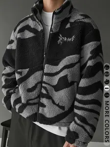 Unisex Y2K Style Leopard Print Letter Badge Streetwear Camo Colorblock Fleece Jacket, Fall & Winter Warm Coat, High Street Culture Gift