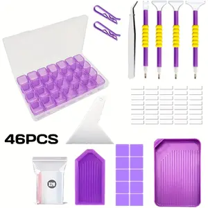 46PCS Diamond art Accessories Tools Kits Multiple Sizes Painting Trays Pens to Make Diamond Art Craft Tweezers Glue Label Zip-Lock Bag Diamonds Correction Storage (Purple-45PCS)
