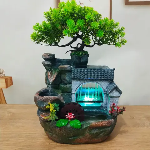 CNCEST Desktop Mini LED Waterfall Resin Statue, Rock Plant Accent, Modern Stress Relief Meditation Ornament, Thanksgiving Gift for Women, US Standard Home Decor with Room Inspo, Cool Office Dorm Desk Trinkets, Unique Decor, Room Accessory
