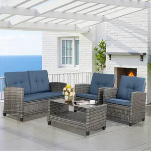 Walsunny 4 Pieces Patio Conversation Set, Outside Rattan Sectional Sofa, Cushioned Furniture Set, Wicker Sofa Ideal for Garden, Porch, Backyard, Grey Color Rattan and Light Grey Cushion