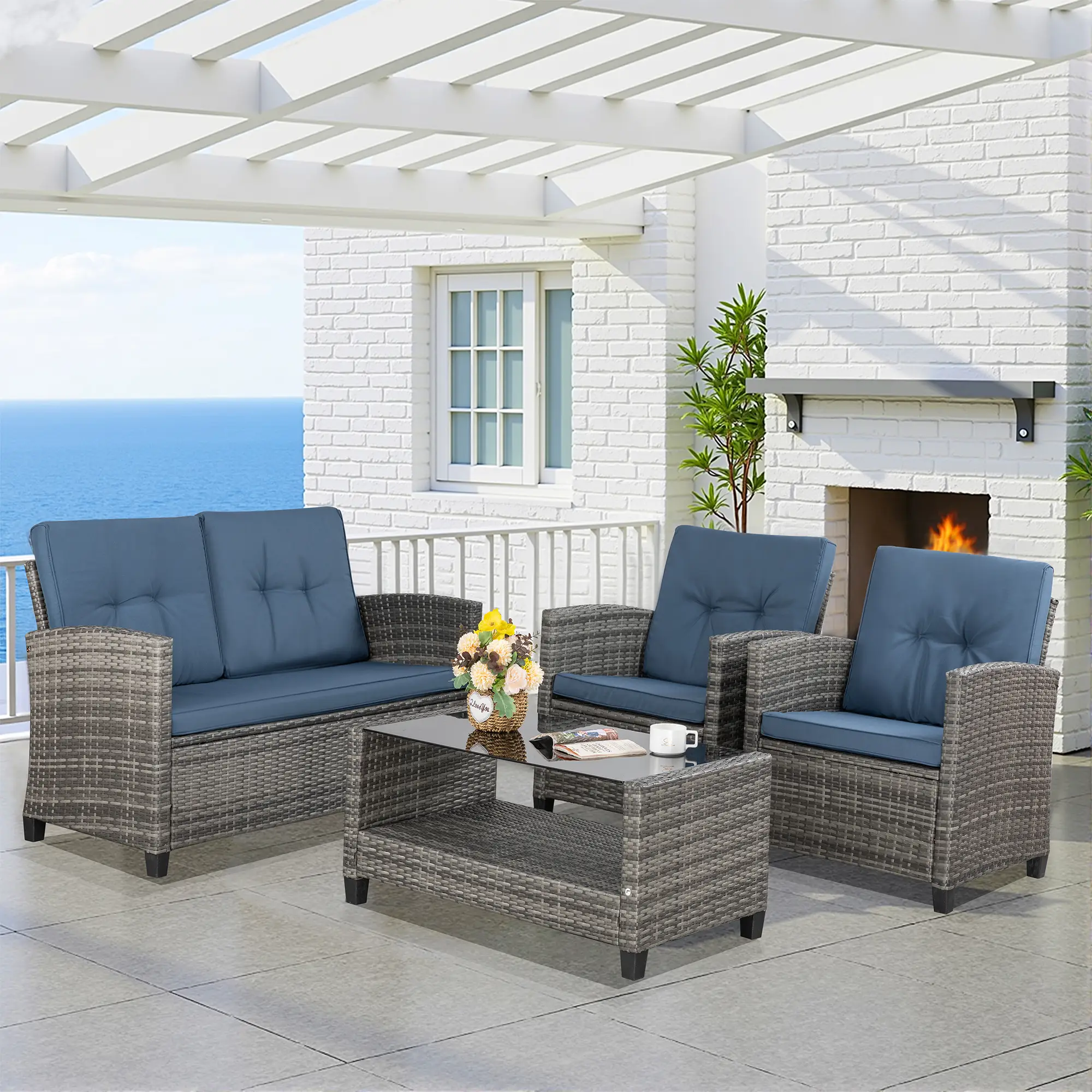 Walsunny 4 Pieces Patio Conversation Set, Outside Rattan Sectional Sofa, Cushioned Furniture Set, Wicker Sofa Ideal for Garden, Porch, Backyard, Grey