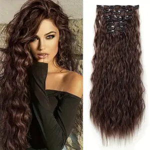 6pcs/set Long Curly Wavy Clip-In Hair Extensions for Women - High-Temperature Synthetic Hair in Cool Brown with Blonde Highlights, Natural Look for Daily Use, Occasion Hairstyle |   Wavy Hair Extensions |   Secure Clip Attachment