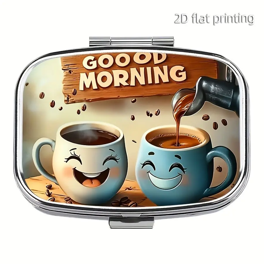 1pc Good Morning Medicine Box, Wallet or Pocket Small Medicine Box, Portable Cute Metal Medicine Box, 2 Compartment Portable Medicine Box, Travel or Daily Mini Medicine Box