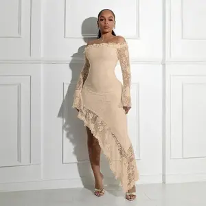Women's Formal Beige Lace Dress Off - Shoulder, Long Sleeves, Asymmetric Ruffled Hem Wedding Guest DressesGift