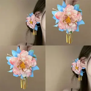 Elegant Flower Hair Clip Pink Camellia & Spider Lily Ethnic Style for Spring Summer Travel Retro Chinese Traditional Cheongsam Hanfu Cosplay Gift