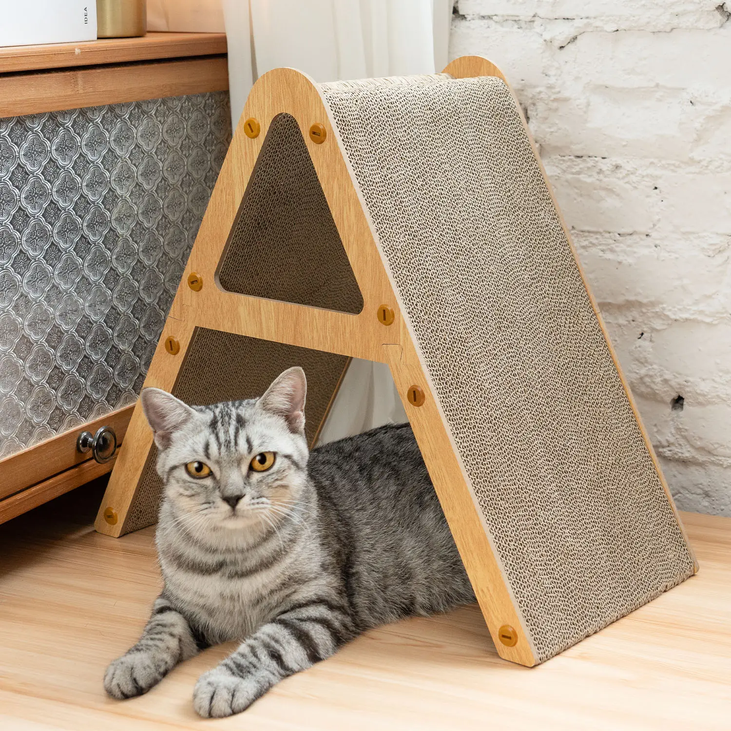 Conlun A-Shape Reversible Cat Scratcher Board for Indoor Cats Durable Corrugated Cardboard Scratch Pad with Solid Wood Frame Protects Furniture & Comp