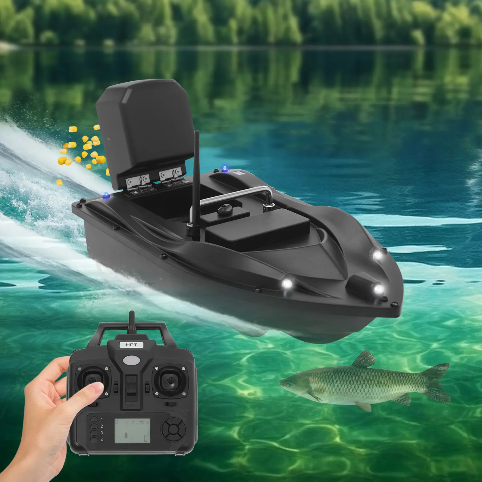 CNCEST Unisex Durable ABS Plastic Streamlined Remote Control Boat for Fishing, 1968ft GPS Navigation Range, 5200mAh Lithium Ion Battery, 4.4lb Capacity, LED Screen, Carry Case for Lakes, Water Reservoirs